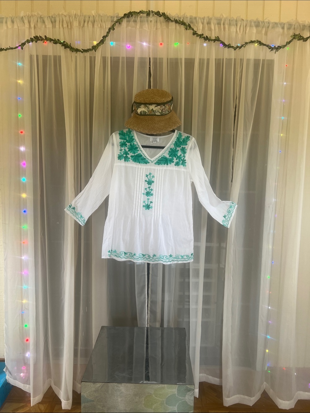 C.C White Tunic with Green Floral Embroidery
